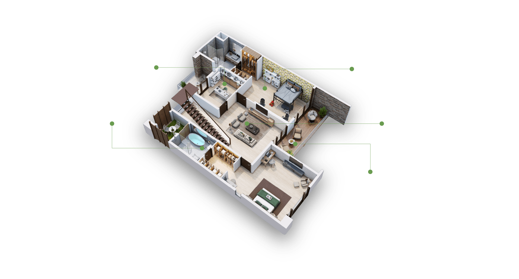 Upper-level 3D floor plan of an Embassy Grove villament featuring master suite with opulent bath, private spa balcony, family retreat lounge, dual access balcony, children’s chamber, and designated office with attached balcony.
