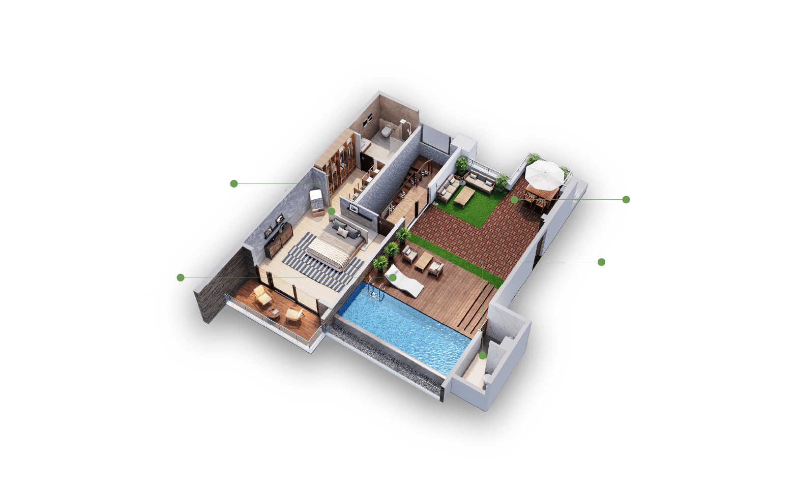 Rooftop 3D floor plan of an Embassy Grove villament featuring private pool with sun deck, rooftop master suite or luxury loft, grand terrace, and poolside restroom for elevated living in Bangalore