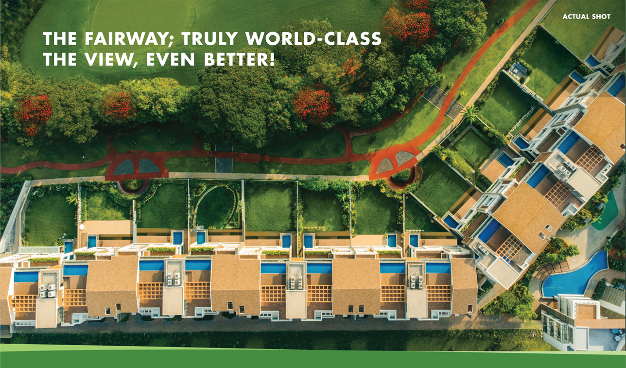 Aerial view of Embassy Grove luxury villaments overlooking a world-class landscaped fairway, showcasing private pools, rooftop terraces, and lush greenery in Bangalore